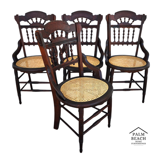 Antique Eastlake Victorian Style Walnut Cane Seat Side Dining Chairs Set of 4