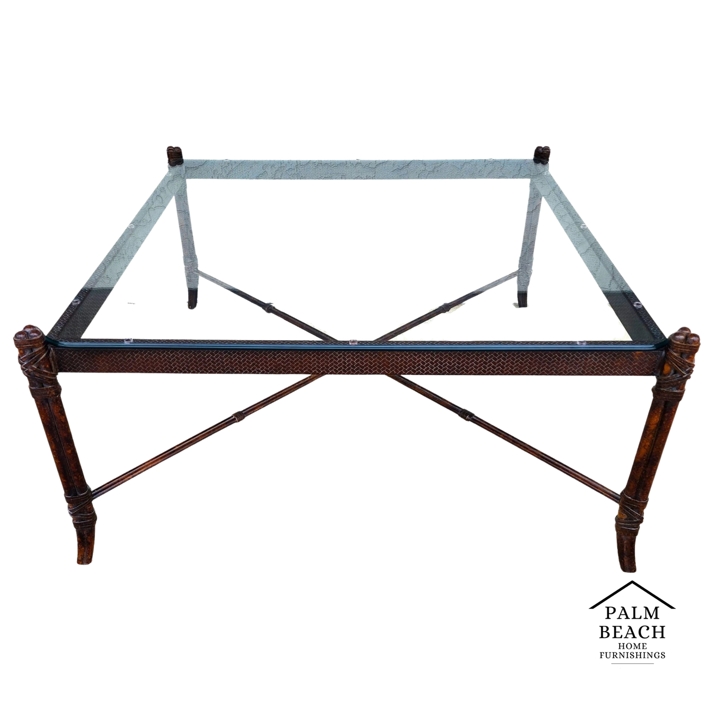 Maitland Smith Style Faux Metal Bamboo Glass & Leather Cocktail Table