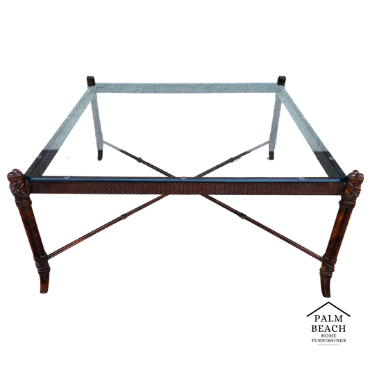 Maitland Smith Style Faux Metal Bamboo Glass & Leather Cocktail Table