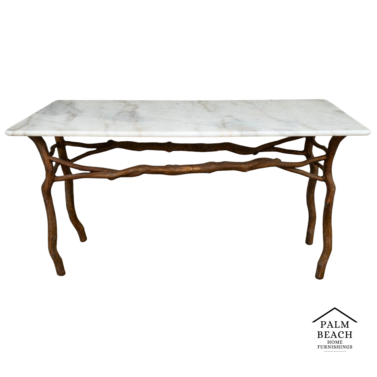 Vintage French Rustic Metal & Marble Faux Bois Branch Console Sofa Table