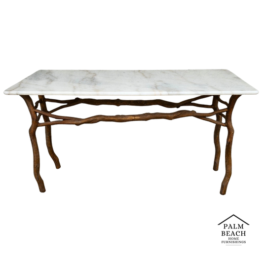 Vintage French Rustic Metal & Marble Faux Bois Branch Console Sofa Table