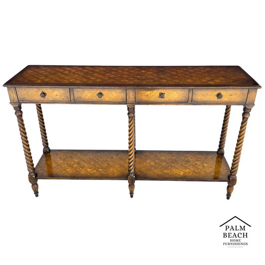 Theodore Alexander Burl Parquetry Console Table with 4 Drawers