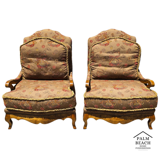 Classics French Louis XV Bergère Armchairs Chinoiserie Fabric Down Cushions