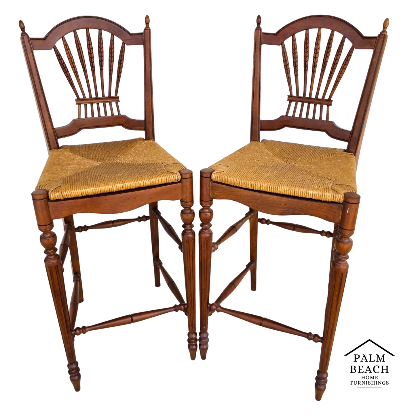 Ethan Allen Country French Wheat Sheaf Back Rush Seat Bar Stools Set of 2