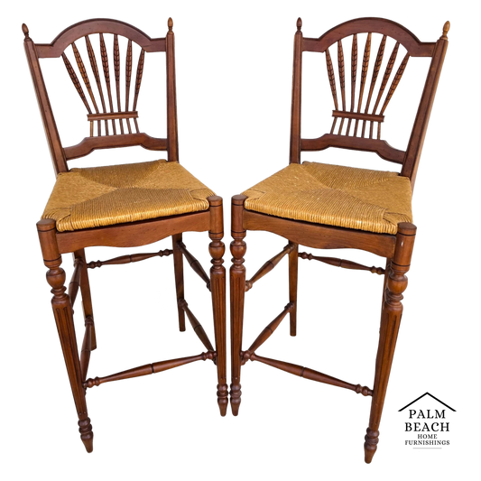 Ethan Allen Country French Wheat Sheaf Back Rush Seat Bar Stools Set of 2