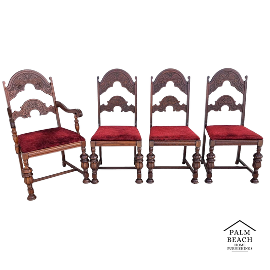 Antique English Oak Tudor Jacobean Dining Chairs 1930's Set of 4