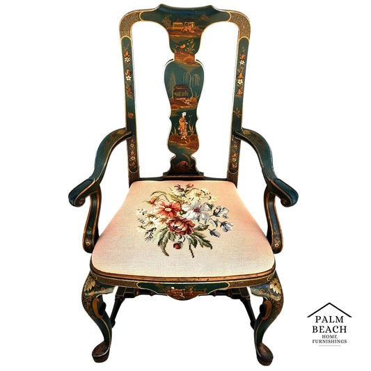 Antique Chinoiserie Decorated Queen Anne Arm Chair ca 1930