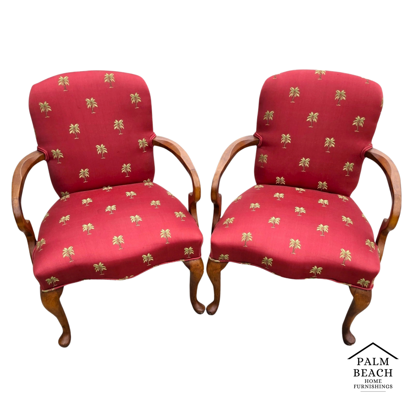 Vintage Queen Anne Gooseneck Armchairs with Palm Tree Upholstery Pair