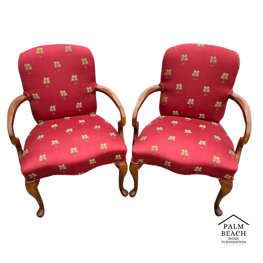 Vintage Queen Anne Gooseneck Armchairs with Palm Tree Upholstery Pair