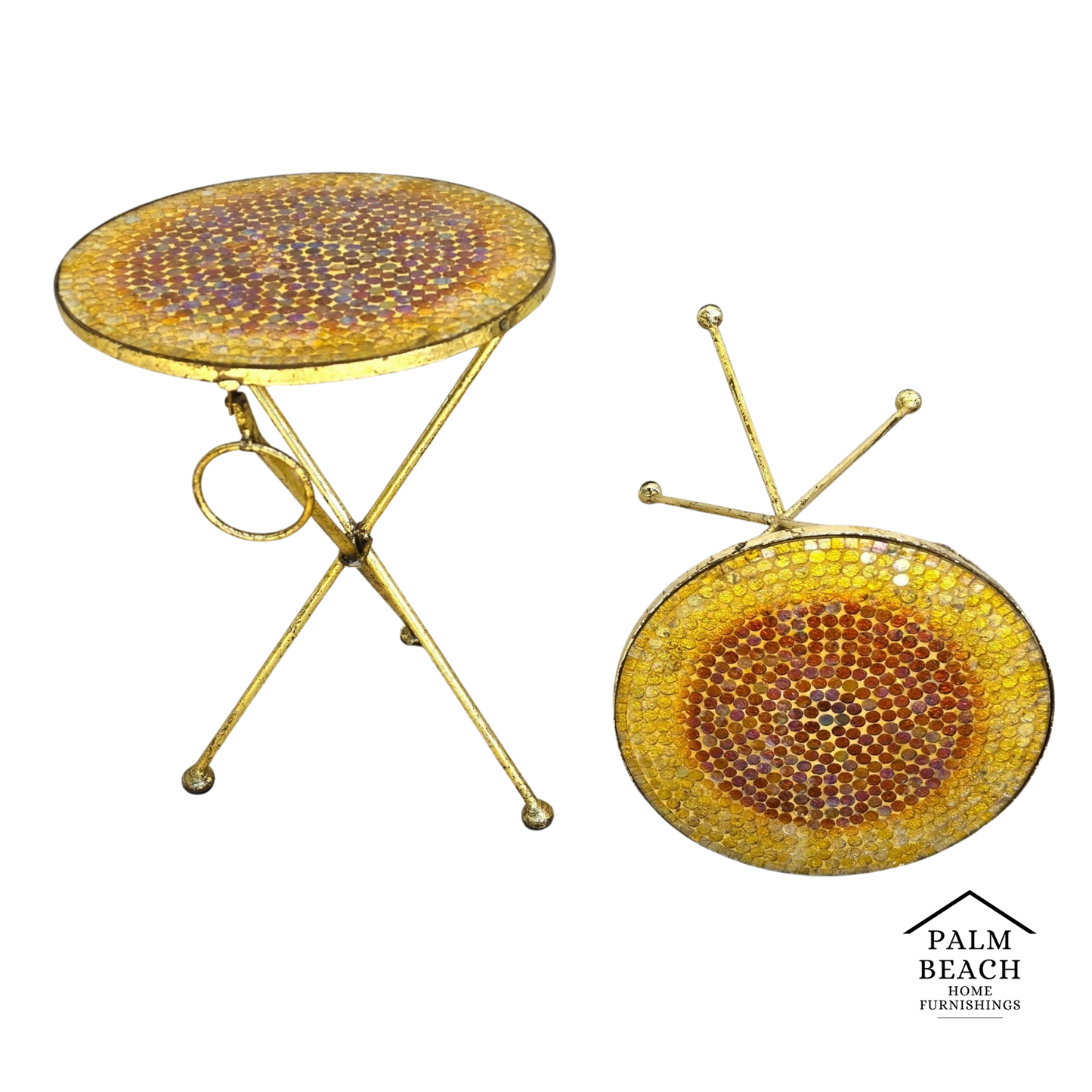 Italian Gold Gilt Folding Mosaic Side Drink Tables 1960s Pair