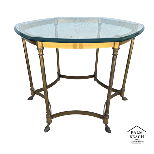 Vintage Labarge Side Table Brass Glass Hoof Footed Octagonal