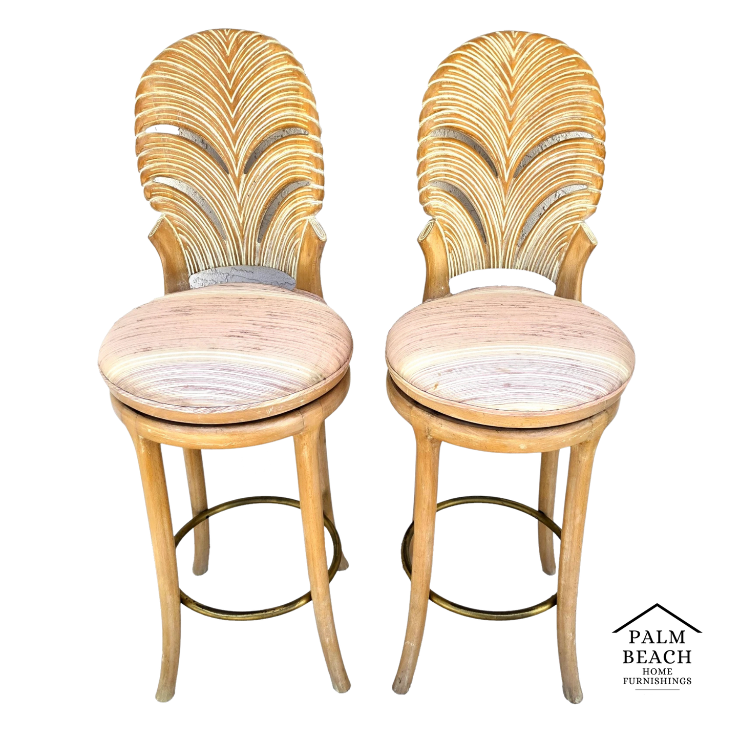 Vintage Venetian Grotto Style Carved Wood Palm Leaf Barstools Set of 2