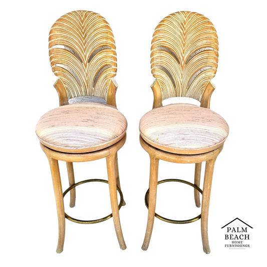 Vintage Venetian Grotto Style Carved Wood Palm Leaf Barstools Set of 2