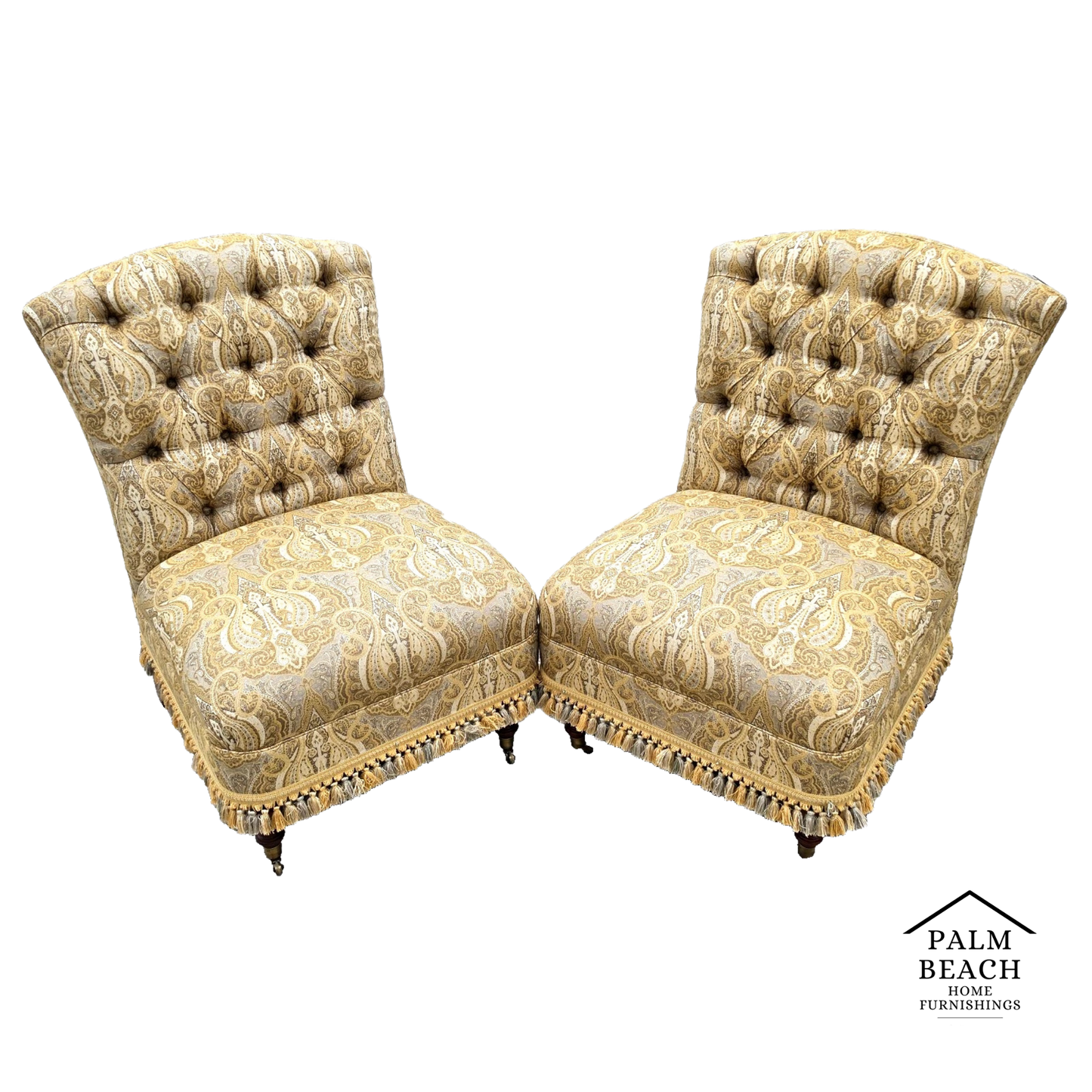 Vintage Hollywood Regency French Tufted Designer Slipper Lounge Chairs Pair