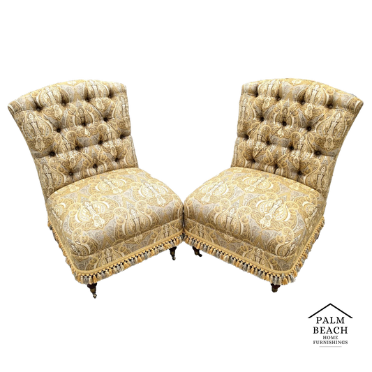 Vintage Hollywood Regency French Tufted Designer Slipper Lounge Chairs Pair