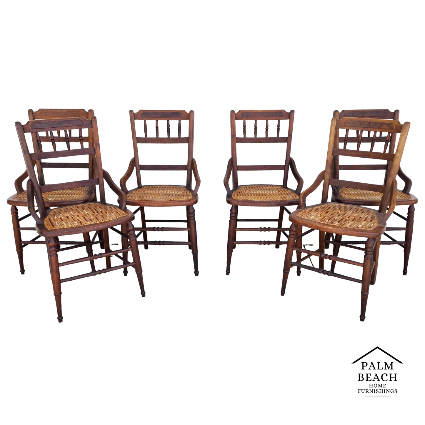 Antique Walnut Victorian Spindle Back Cane Seat Dining Chairs Set of 6