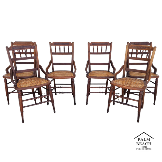 Antique Walnut Victorian Spindle Back Cane Seat Dining Chairs Set of 6