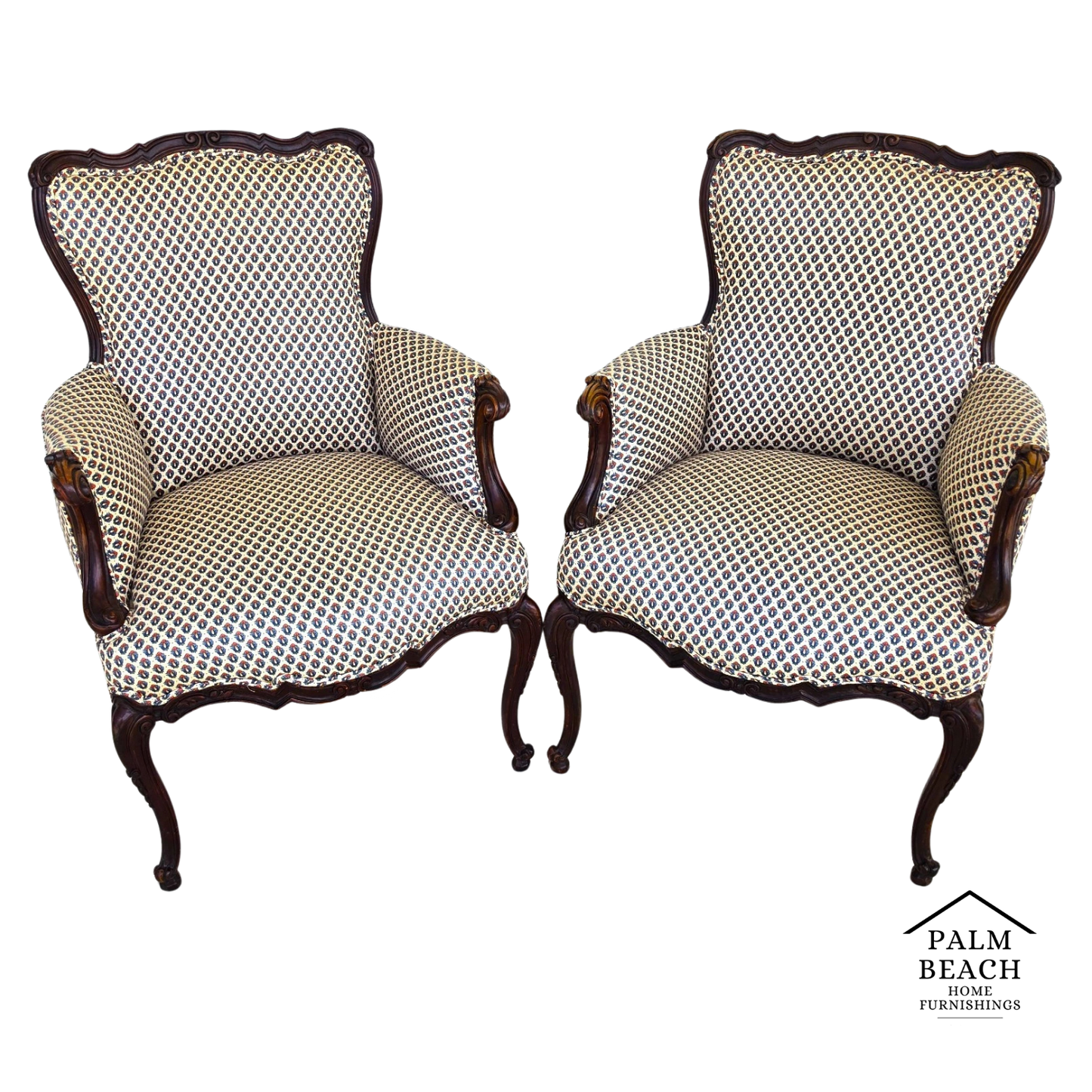 Pair of Antique French Provincial Louis XV Walnut Bergere Armchairs
