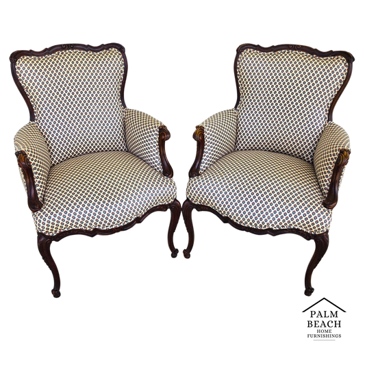 Pair of Antique French Provincial Louis XV Walnut Bergere Armchairs