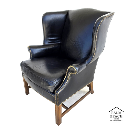 Classic Georgian Chippendale Black Leather Wingback Library Gentlemans Armchair