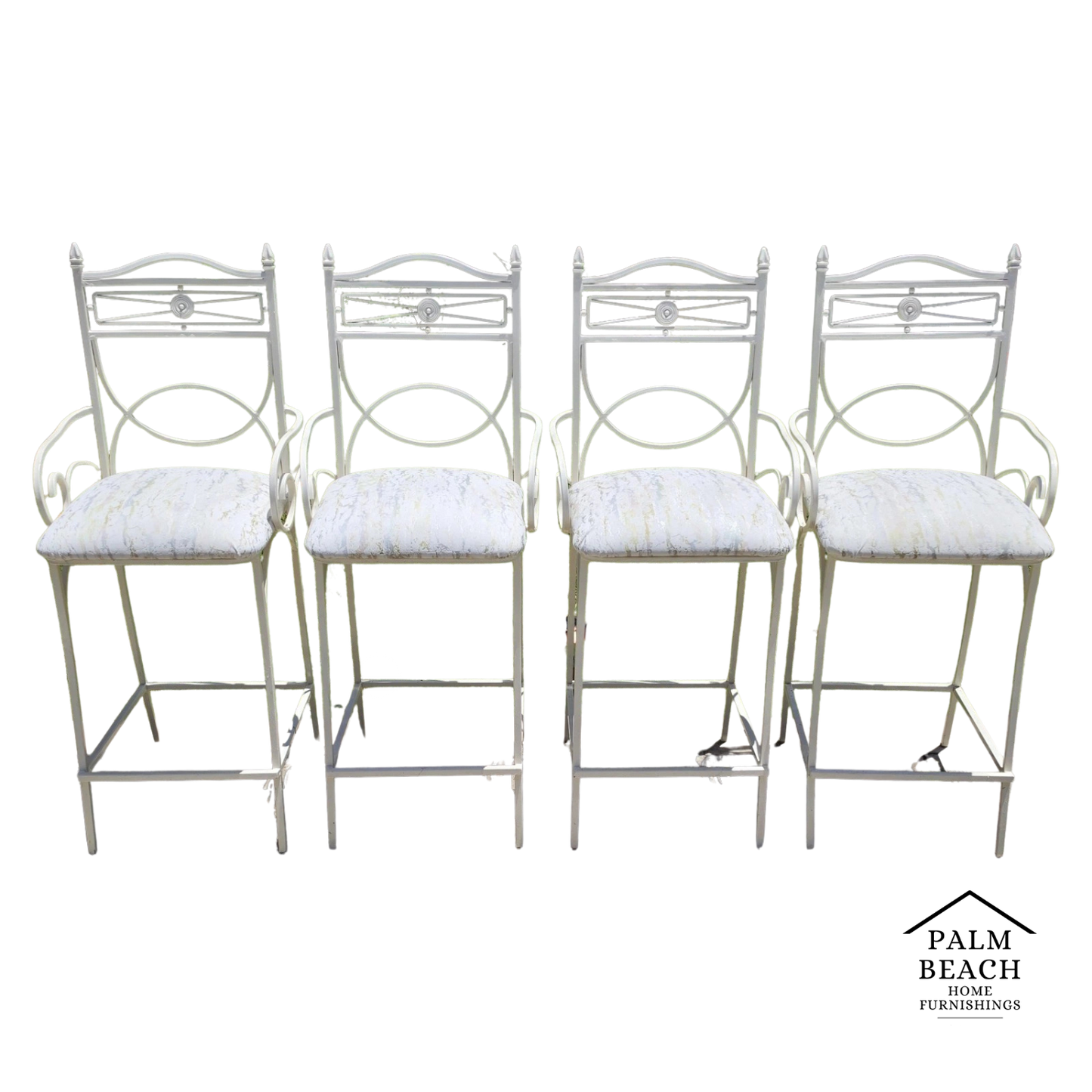 Set of 4 Vintage Coastal Palm Beach Regency Painted Metal Barstools.