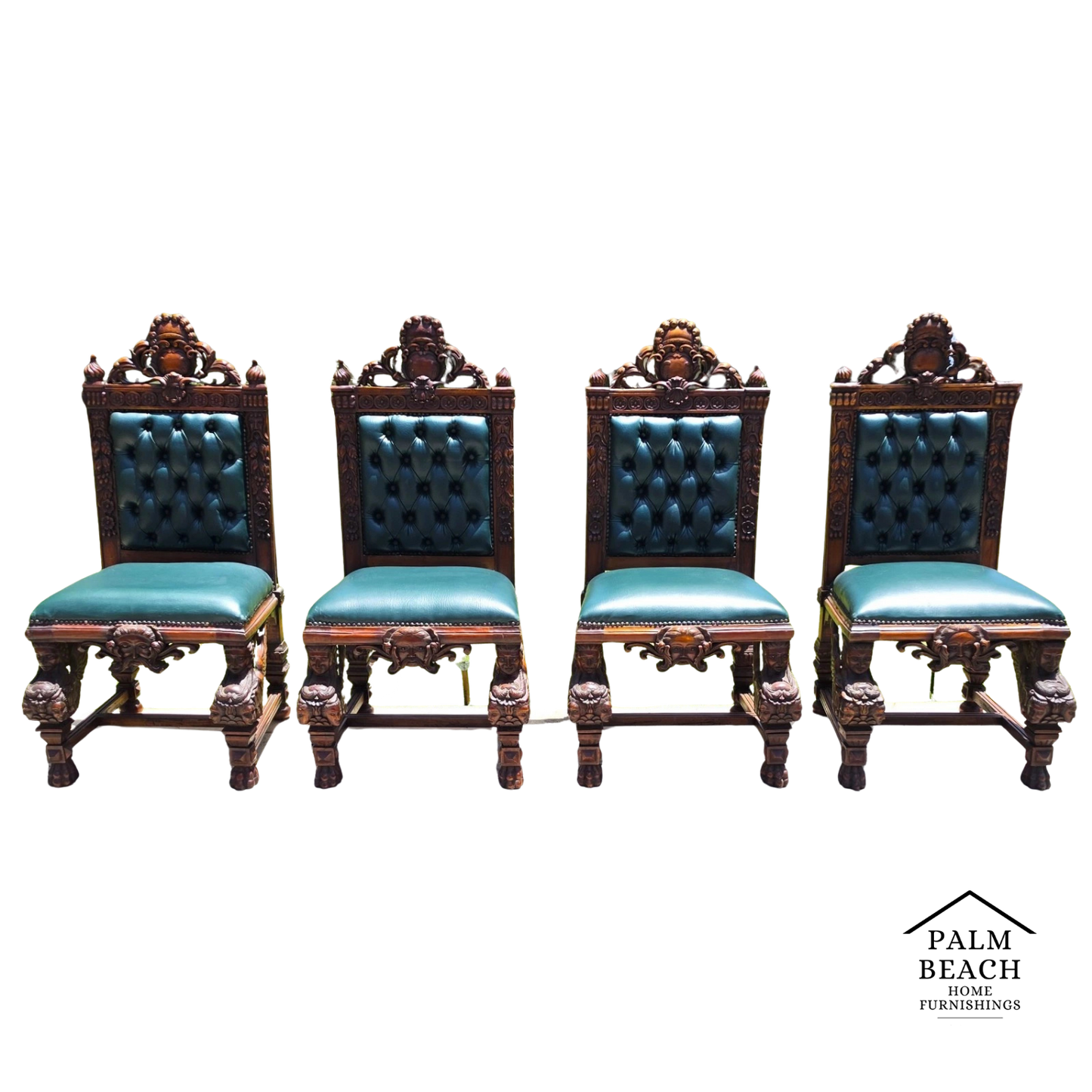 Antique Italian Renaissance Revival Hand Carved Dining Chairs Set of 4