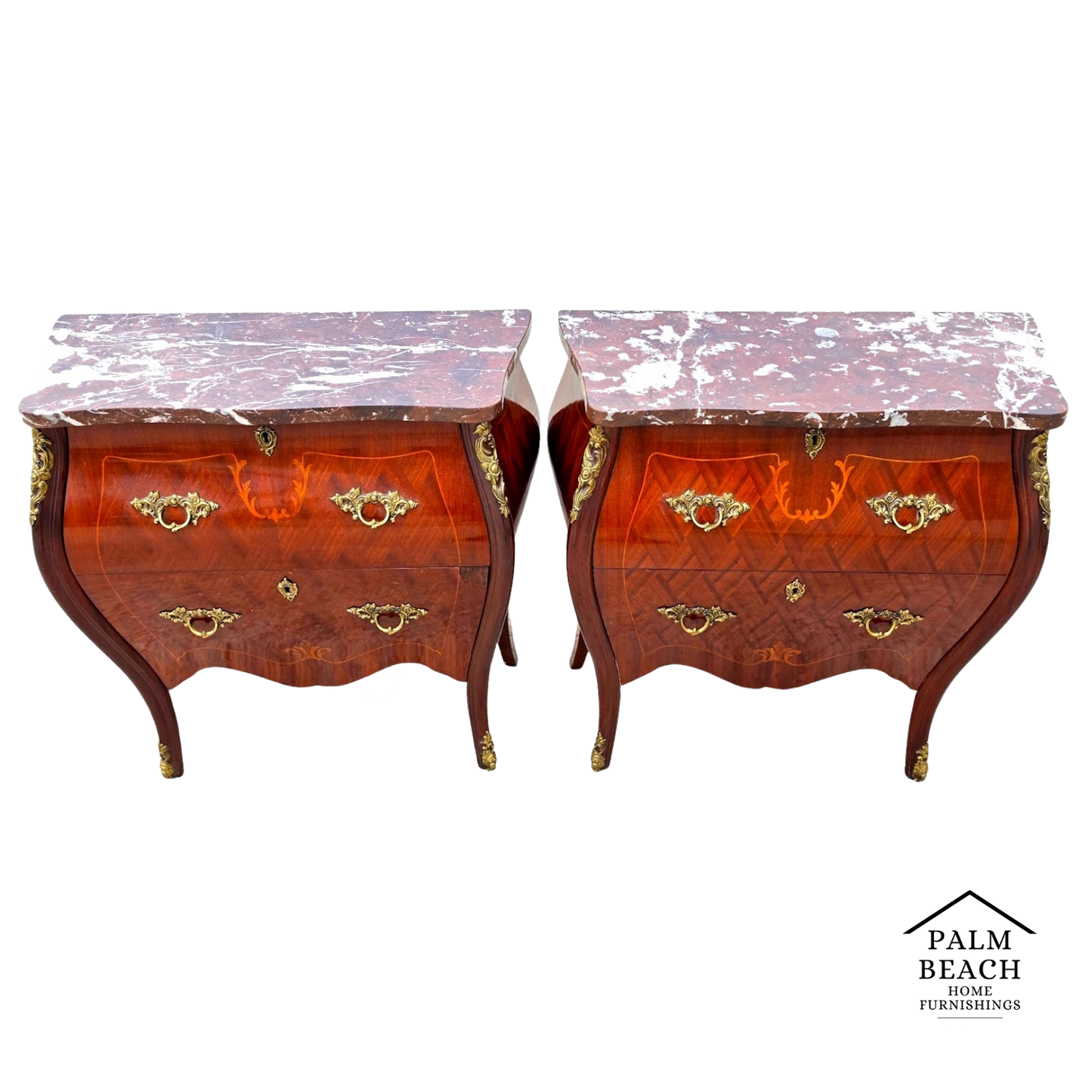 Pair of French Louis XV Style Bombe Commodes Bedside Tables Nightstands