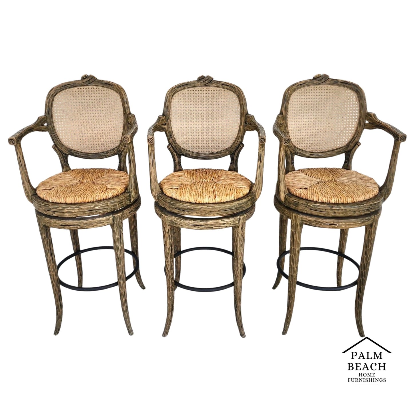 French Country Barstools Faux Bois Swivel Set of 3