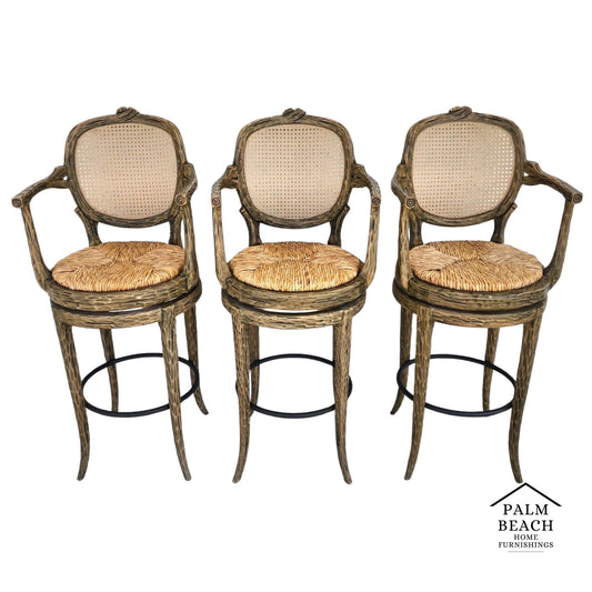 French Country Barstools Faux Bois Swivel Set of 3
