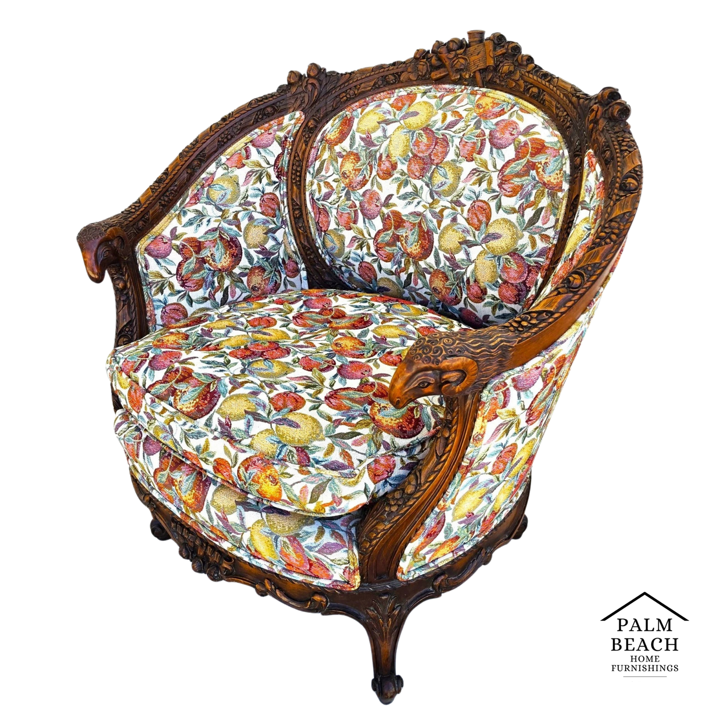 Antique French Regency Rams Heads Walnut Club Lounge Chair