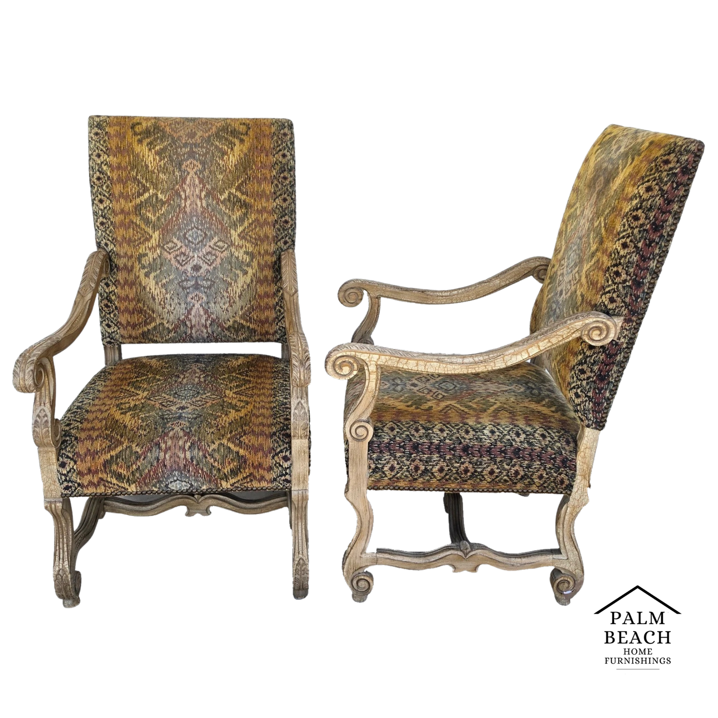 CENTURY FURNITURE French Louis XIII Os de Mouton Armchairs a Pair