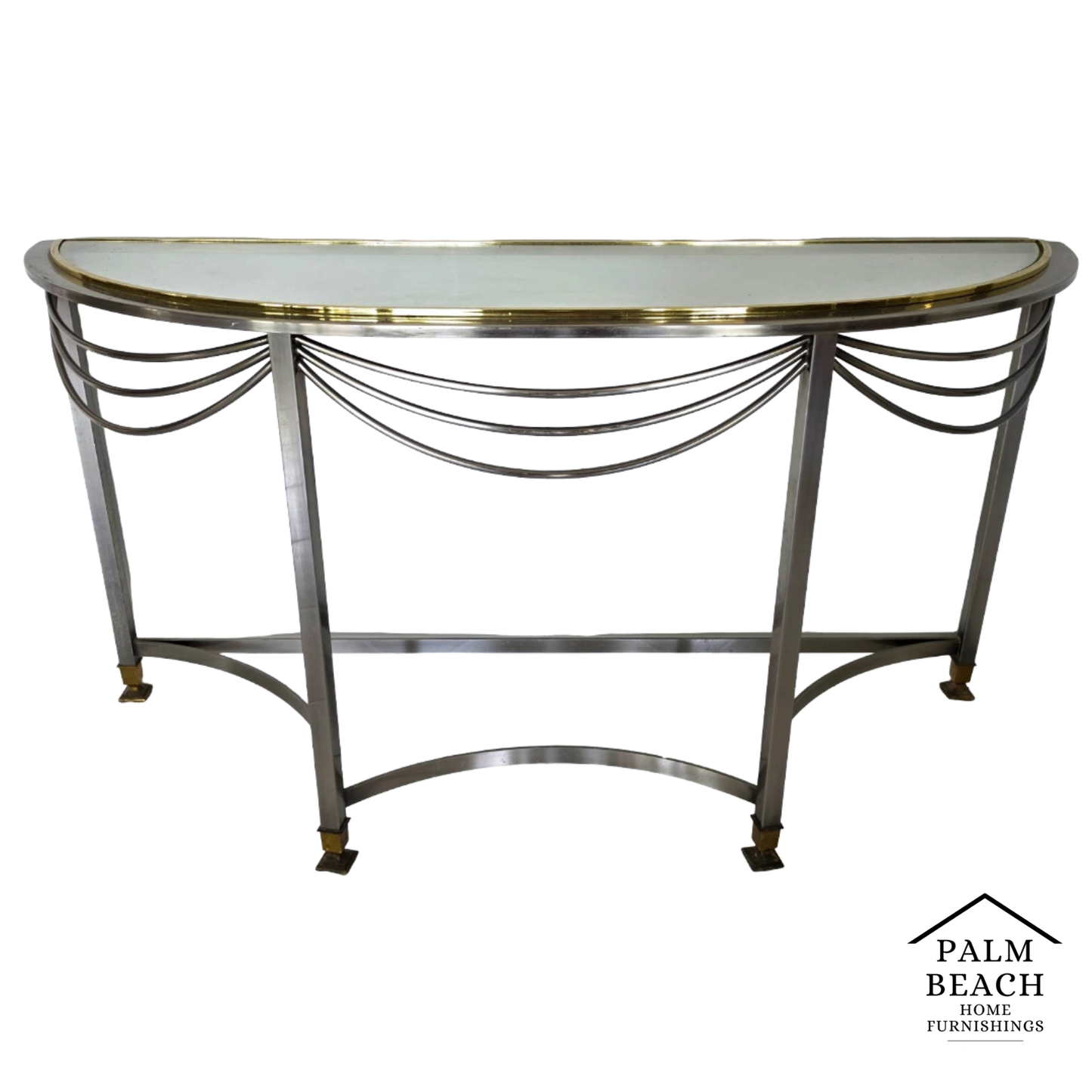 Vintage Hollywood Regency Demilune Chrome & Brass Console Table