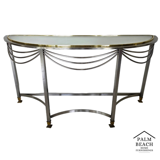 Vintage Hollywood Regency Demilune Chrome & Brass Console Table