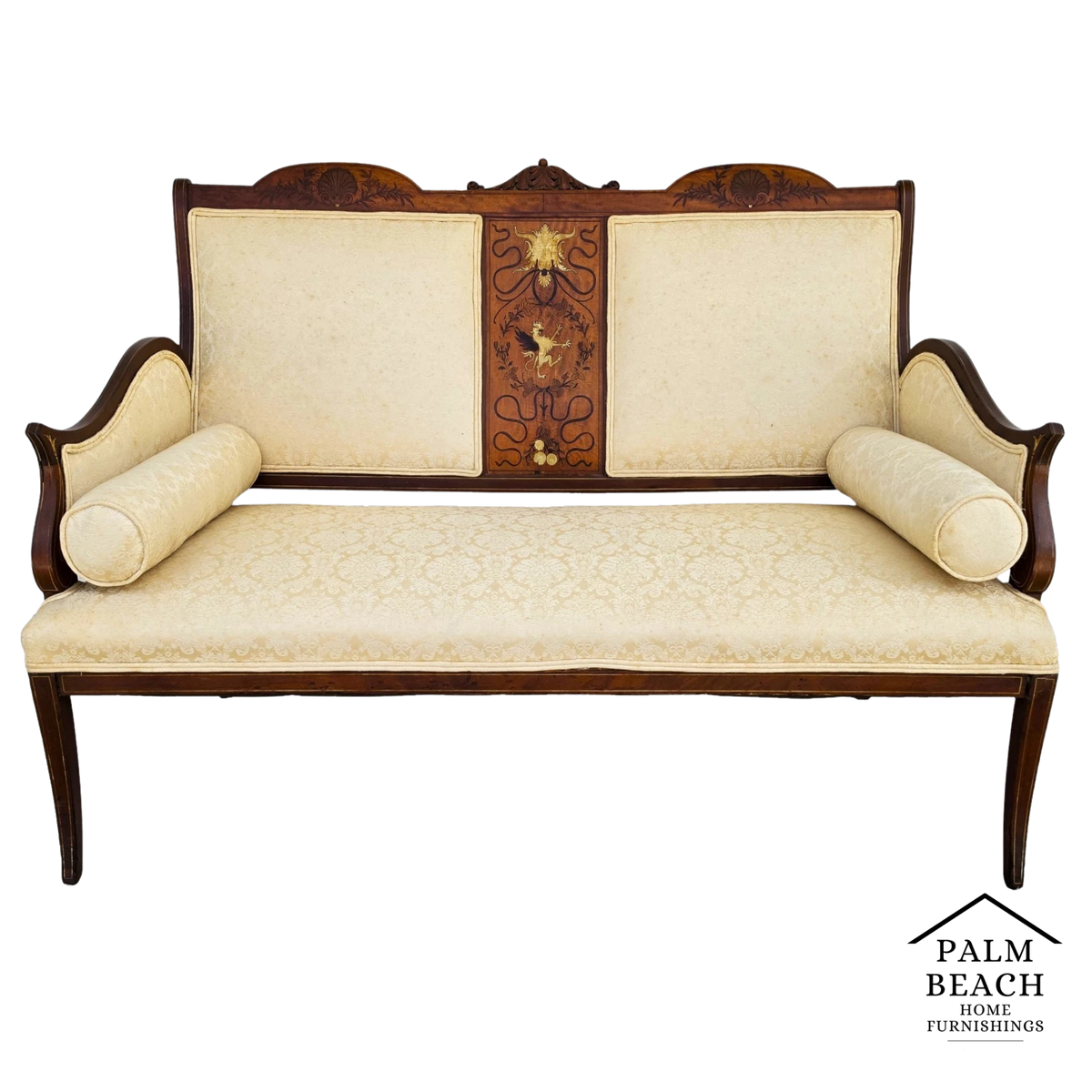 Antique Edwardian Inlaid Mythical Griffin Mahogany Double-Chair-Back Settee