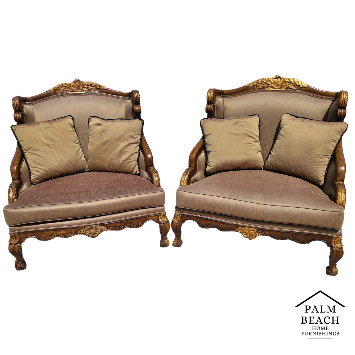 Marge Carson Style French Louis XV Ornate Caved Settees Loveseats Pair