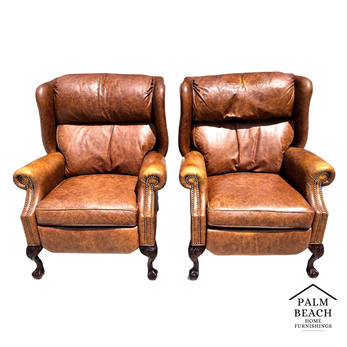 Vintage MOTIONCRAFT Chippendale Leather Wingback Recliners Ball & Claw Pair