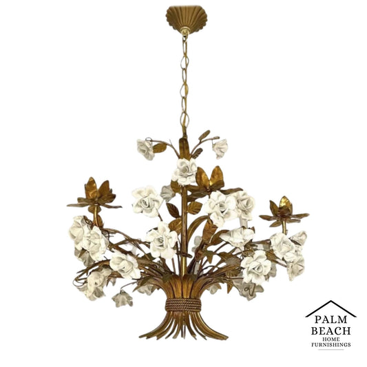 1960s Hollywood Regency Italian Gold Gilt Tole White Porcelain Roses Chandelier