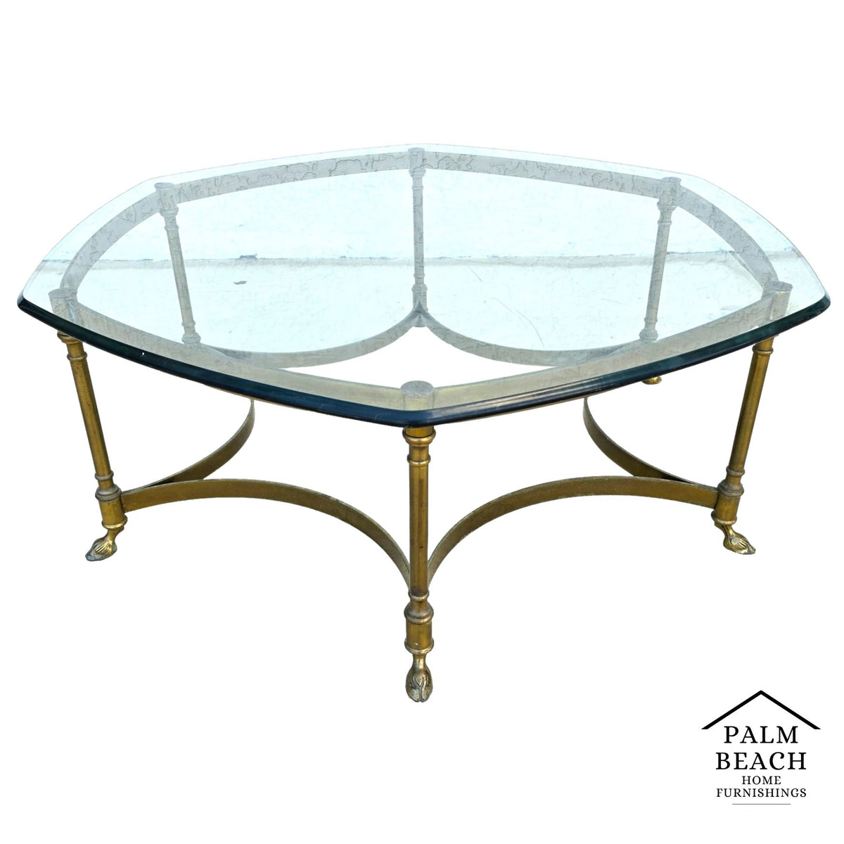 Vintage LaBarge Hexagonal Brass Hoof Footed Glass Top Coffee Table