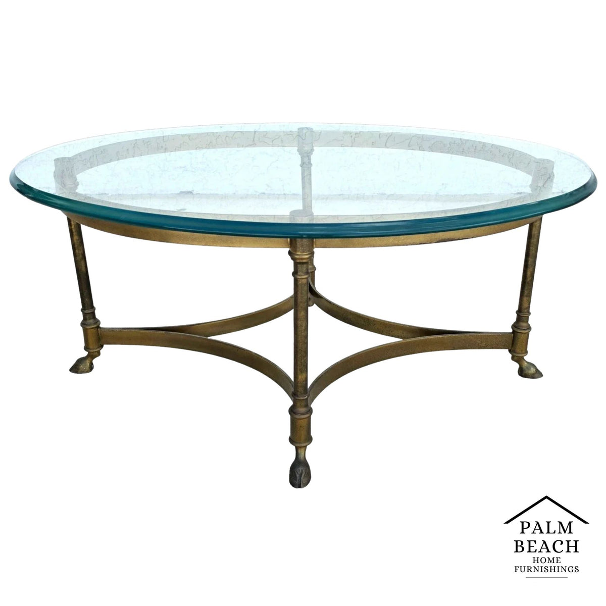 Vintage LaBarge Oval Brass Hoof Footed Glass Top Coffee Table Neoclassical