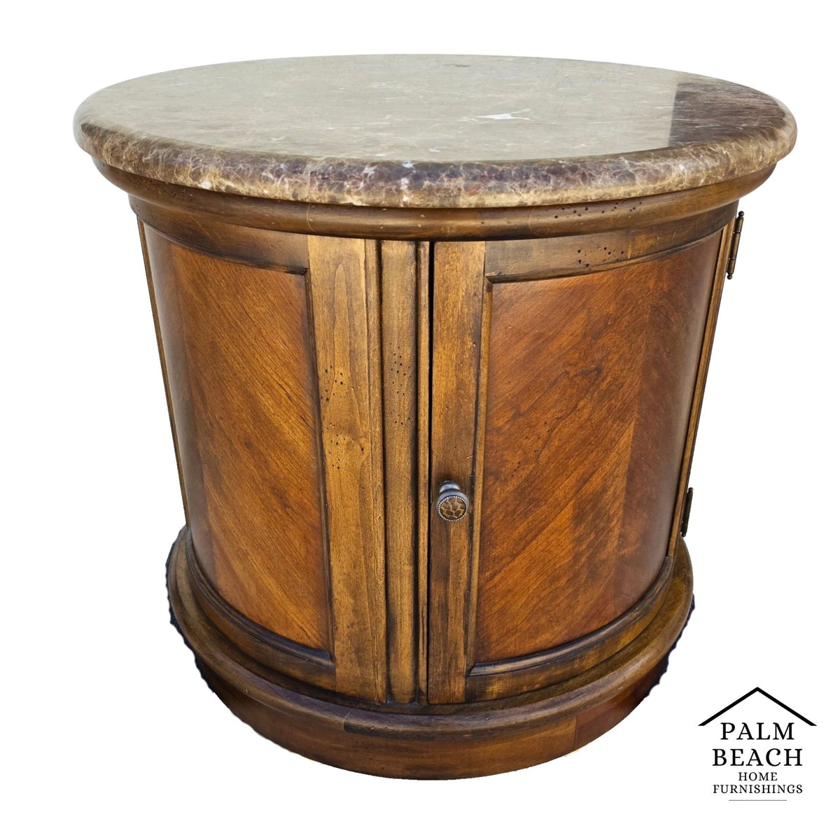 Vintage Round Brown Marble Top Drum Side Center Table With Storage Cabinet