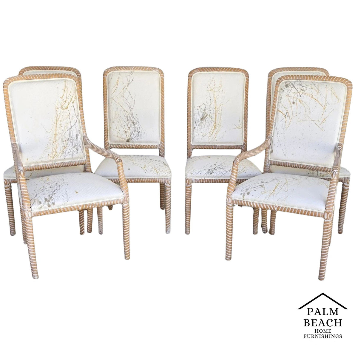 Set of 6 Coastal Carved Rope Solid Wood Dining Chairs With Abstract Upholstery