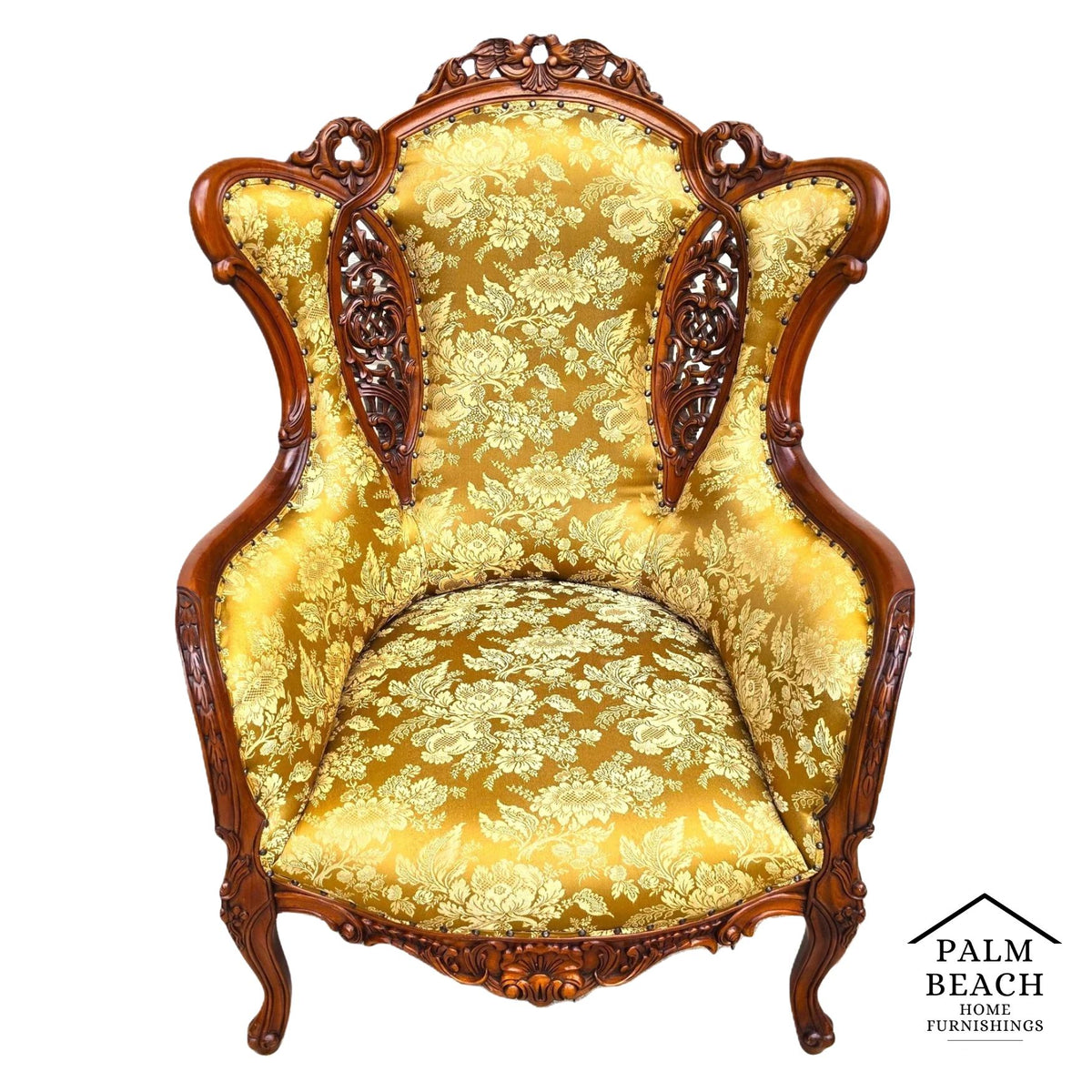 Victorian Rococo Revival Carved Bird Crest Music Room Wingback Armchair