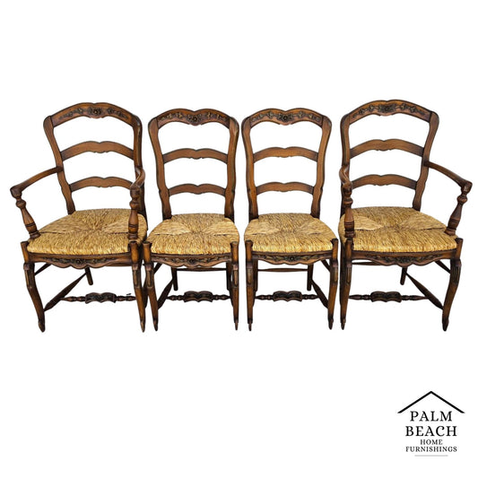 Antique French Country Carved Ladder Back Rush Seat Dining Chairs, Set of 4