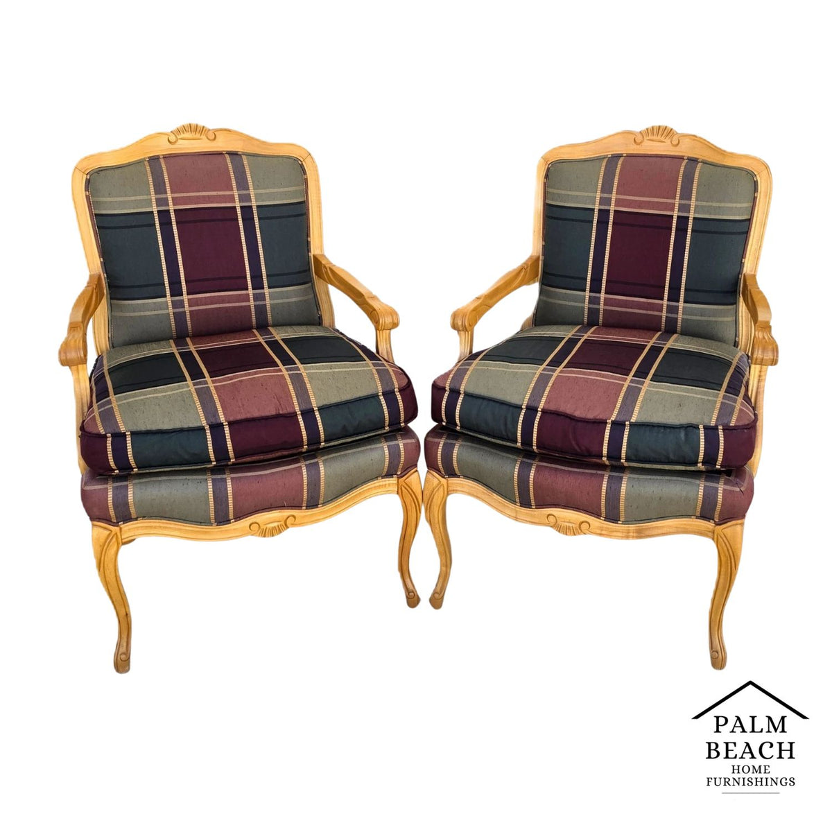 Vintage Louis XV French Provincial Armchairs Plaid Tartan Fauteuil Cabriole Legs