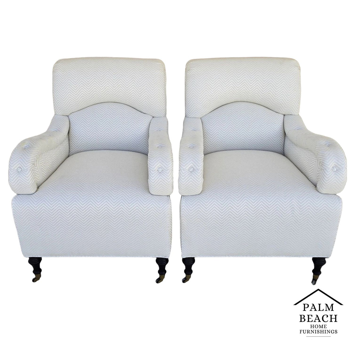 Pair Baker English Country Scroll Arm Lounge Chairs Tufted Herringbone Casters