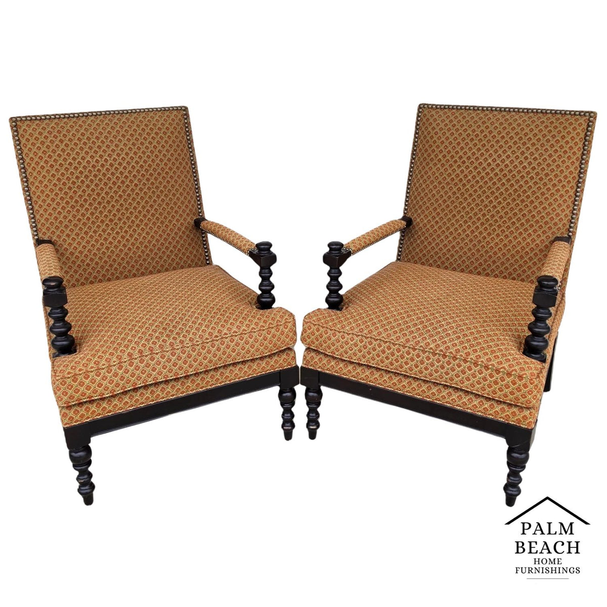 Jacobean Louis XIII Style Bobbin Turned Lounge Armchairs Ebonized Nailhead Pair