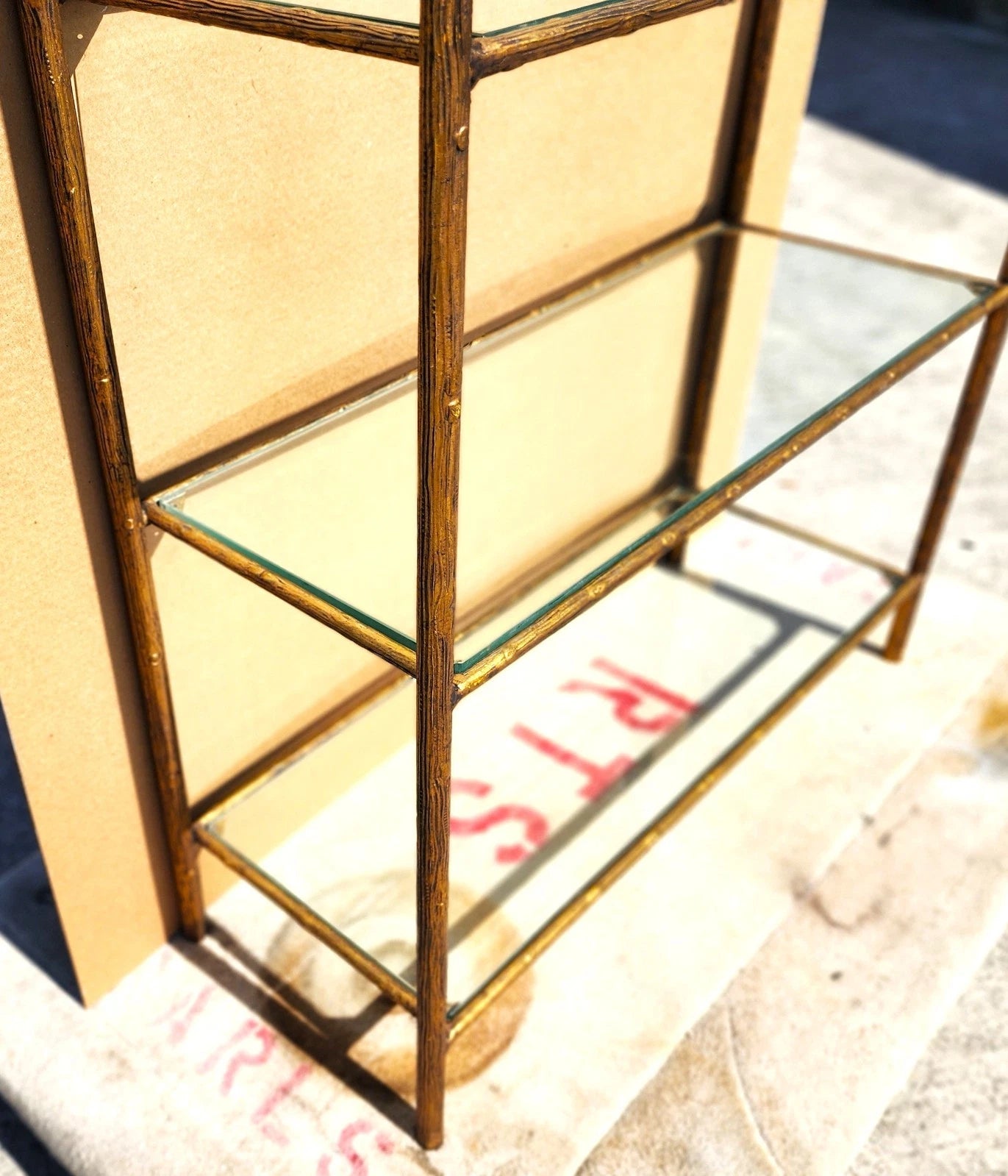 Gilt Iron & Glass Faux Bois Étagère Bookcase Shelf Mid Century