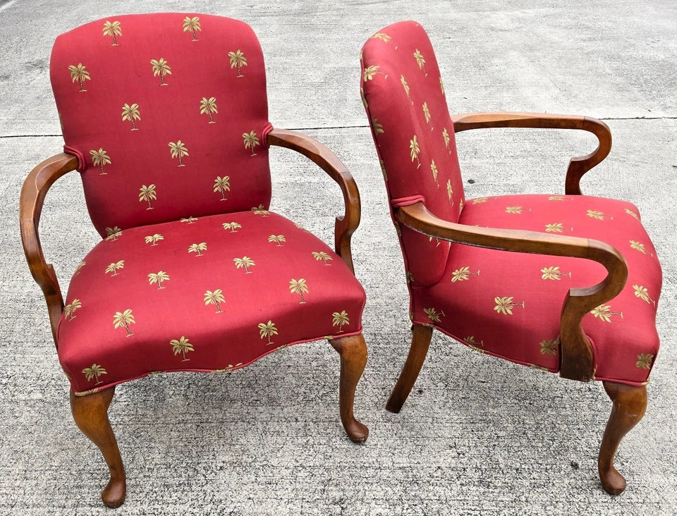 Vintage Queen Anne Gooseneck Armchairs with Palm Tree Upholstery Pair