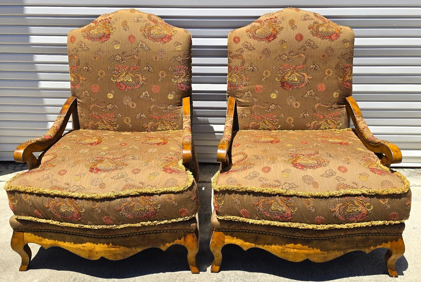 Classics French Louis XV Bergère Armchairs Chinoiserie Fabric Down Cushions