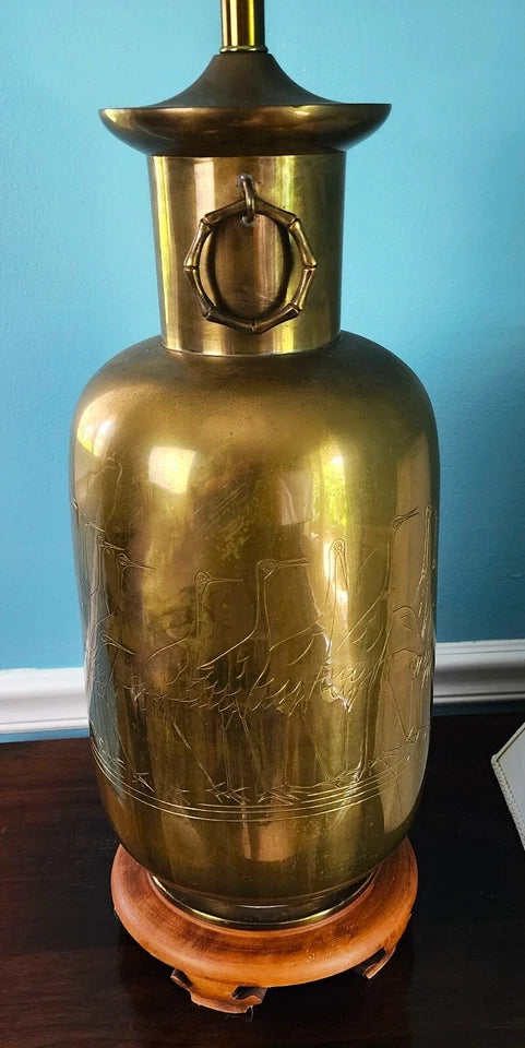 Vintage Asian Brass With Cranes Table Lamp